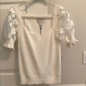 Industry white knit top with floral sheer sleeves